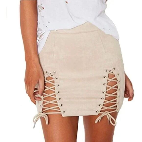 White Faux Suede High Waist Lace Up Corset Bodycon Stretch Short Mini Skirt - Picture 1 of 7